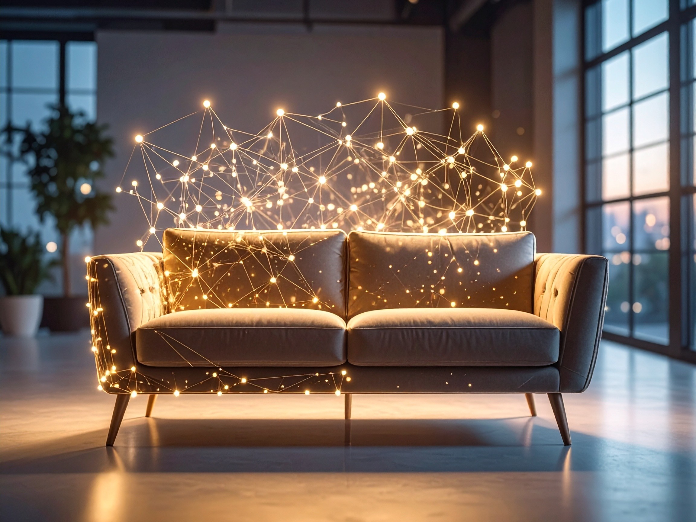 A couch with glowing connection lines.