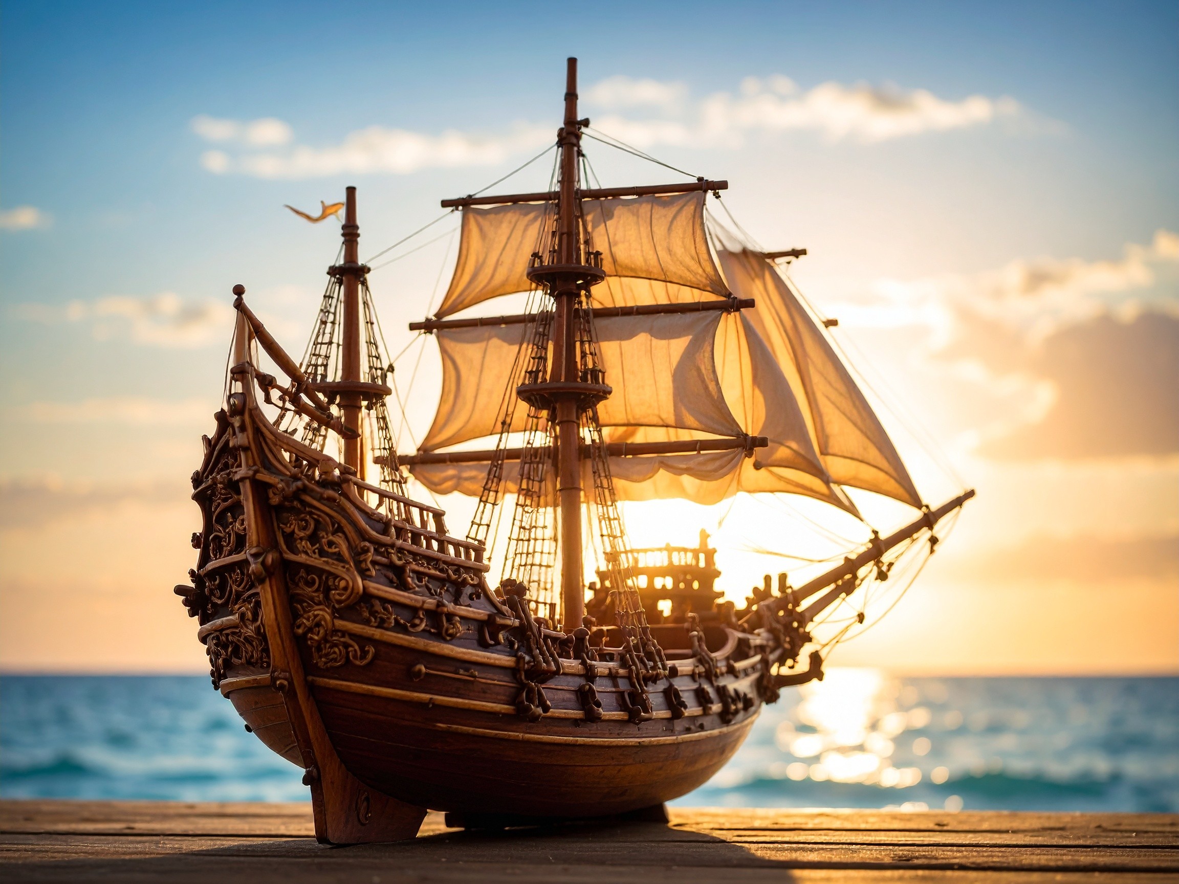 Model Ship with Ocean as backdrop